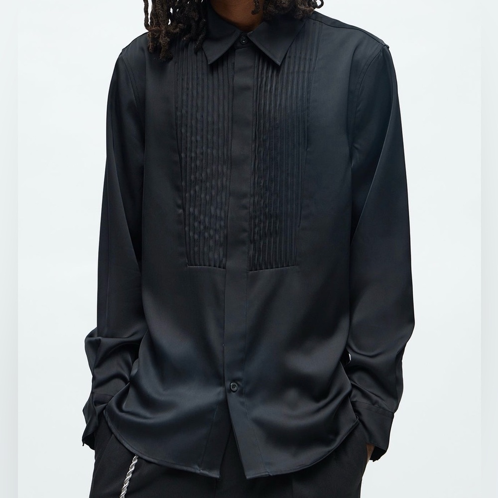 Black Pleated-Front Shirt Button Down-L